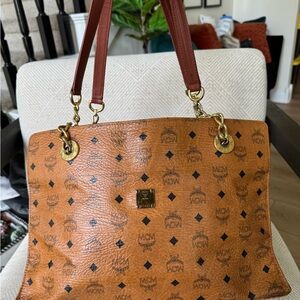 MCM Brown Logo Tote with Gold Accents